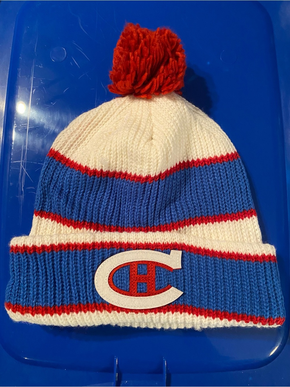 NHL Blue, White & Red Pom Pom Knit Beanie